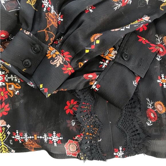 Derek Lam 10 Crosby black silk blouse Aztec floral print 4 long sleeve v neck - Picture 11 of 12